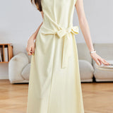 Elegant Commuter Crew Neck Cap Sleeve Side Tie Waist-Cinched Dress