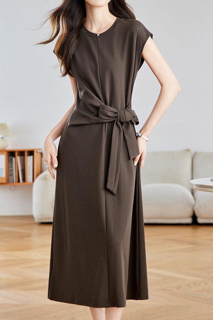 Elegant Commuter Crew Neck Cap Sleeve Side Tie Waist-Cinched Dress