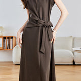 Elegant Commuter Crew Neck Cap Sleeve Side Tie Waist-Cinched Dress