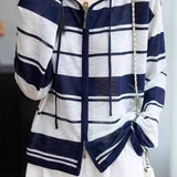 Casual Elegant Hooded Zipper Striped Color Block Knit Cardigan