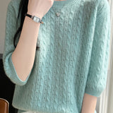 Elegant Commuter Crew Neck Cable Knit Pullover Five-Quarter Sleeve Top