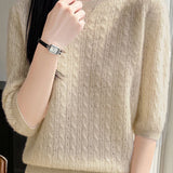 Elegant Commuter Crew Neck Cable Knit Pullover Five-Quarter Sleeve Top