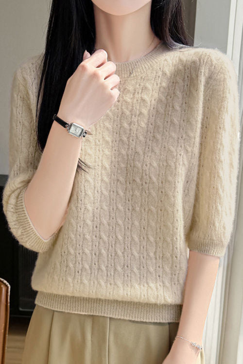 Elegant Commuter Crew Neck Cable Knit Pullover Five-Quarter Sleeve Top