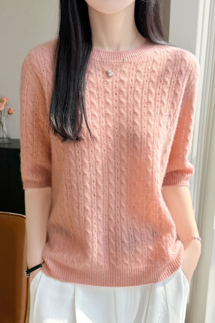 Elegant Commuter Crew Neck Cable Knit Pullover Five-Quarter Sleeve Top