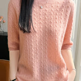 Elegant Commuter Crew Neck Cable Knit Pullover Five-Quarter Sleeve Top