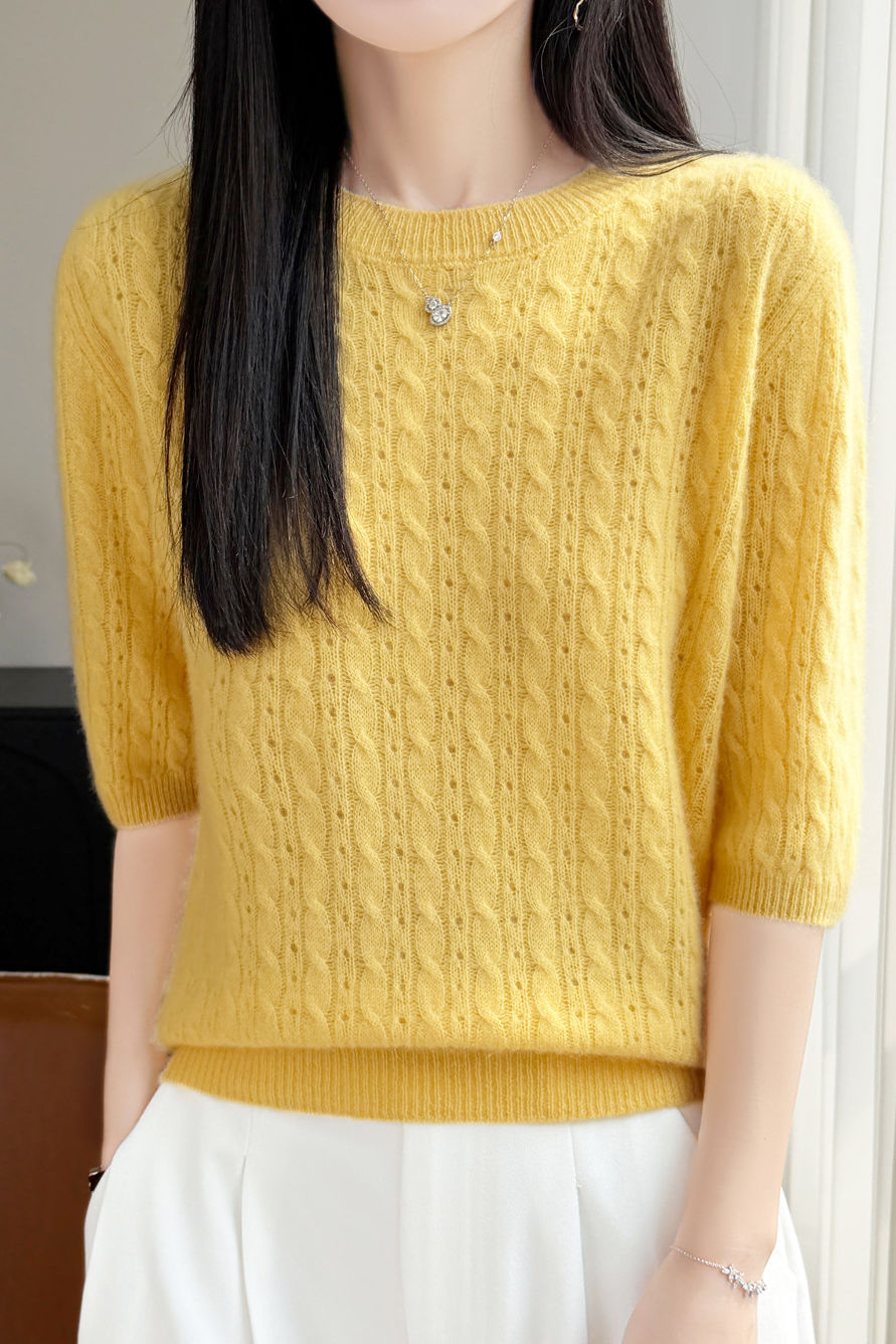 Elegant Commuter Crew Neck Cable Knit Pullover Five-Quarter Sleeve Top