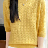 Elegant Commuter Crew Neck Cable Knit Pullover Five-Quarter Sleeve Top