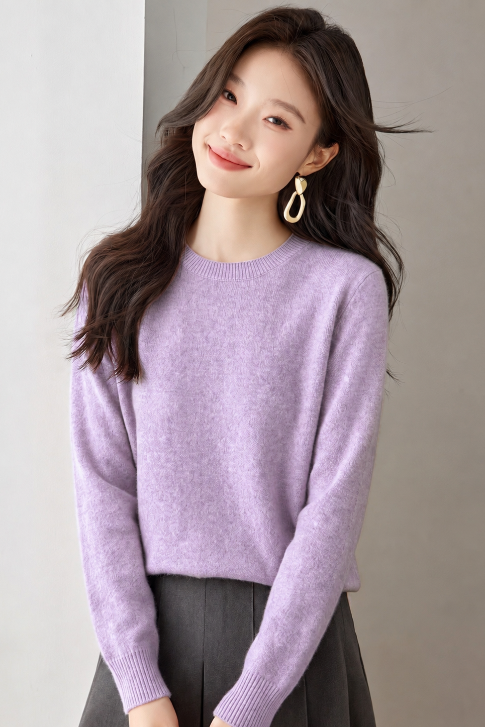 Elegant Commuter 100% Wool Crew Neck Long Sleeve Knit Top