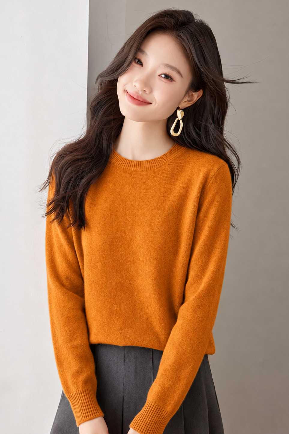 Elegant Commuter 100% Wool Crew Neck Long Sleeve Knit Top