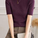 Elegant Commuter Mock Neck Grid Texture Elbow Sleeve Knit T-Shirt
