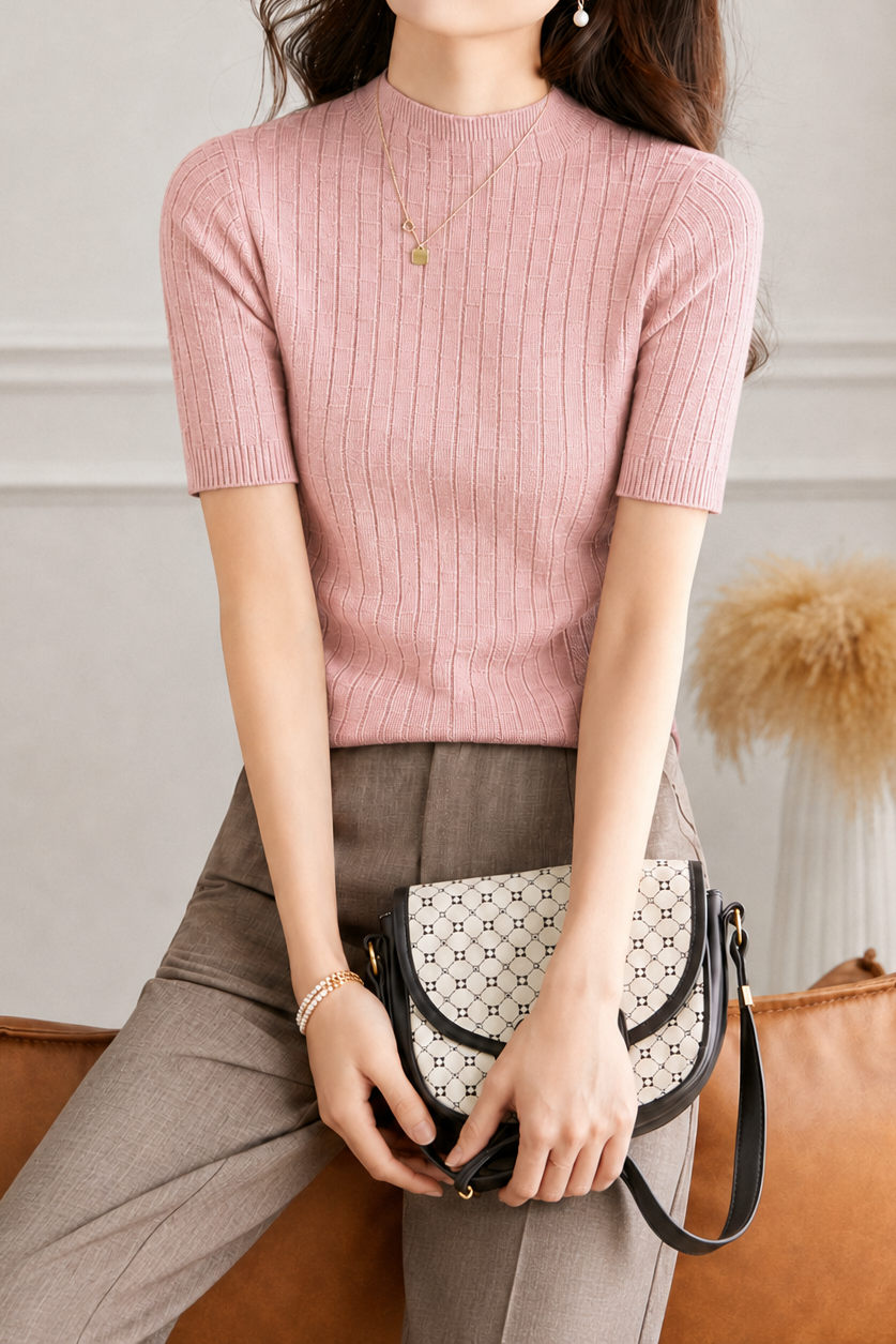 Elegant Commuter Mock Neck Grid Texture Elbow Sleeve Knit T-Shirt