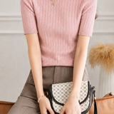 Elegant Commuter Mock Neck Grid Texture Elbow Sleeve Knit T-Shirt