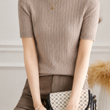 Elegant Commuter Mock Neck Grid Texture Elbow Sleeve Knit T-Shirt