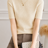 Elegant Commuter Mock Neck Grid Texture Elbow Sleeve Knit T-Shirt