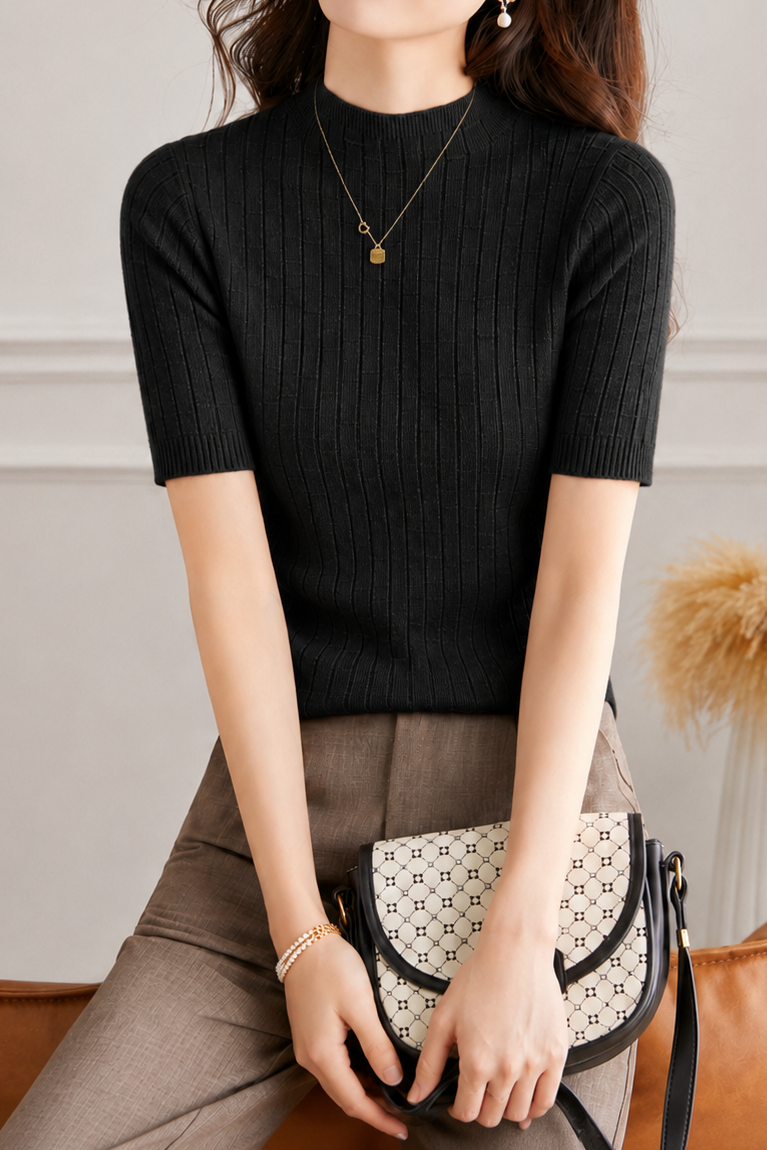 Elegant Commuter Mock Neck Grid Texture Elbow Sleeve Knit T-Shirt