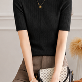 Elegant Commuter Mock Neck Grid Texture Elbow Sleeve Knit T-Shirt