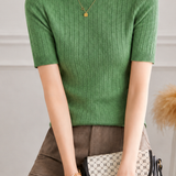 Elegant Commuter Mock Neck Grid Texture Elbow Sleeve Knit T-Shirt
