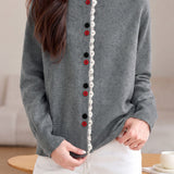 Comfortable Commuter Crew Neck Wavy Ruffle Contrast Button Long Sleeve Knit Cardigan