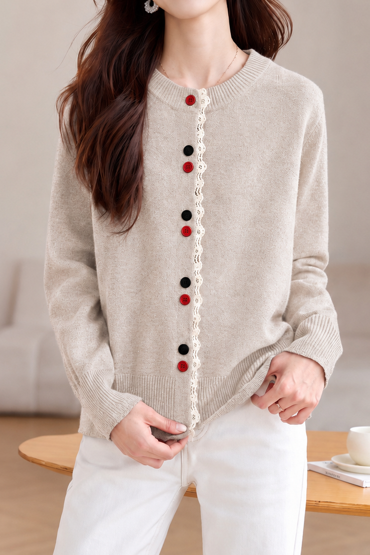 Comfortable Commuter Crew Neck Wavy Ruffle Contrast Button Long Sleeve Knit Cardigan