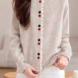 Comfortable Commuter Crew Neck Wavy Ruffle Contrast Button Long Sleeve Knit Cardigan