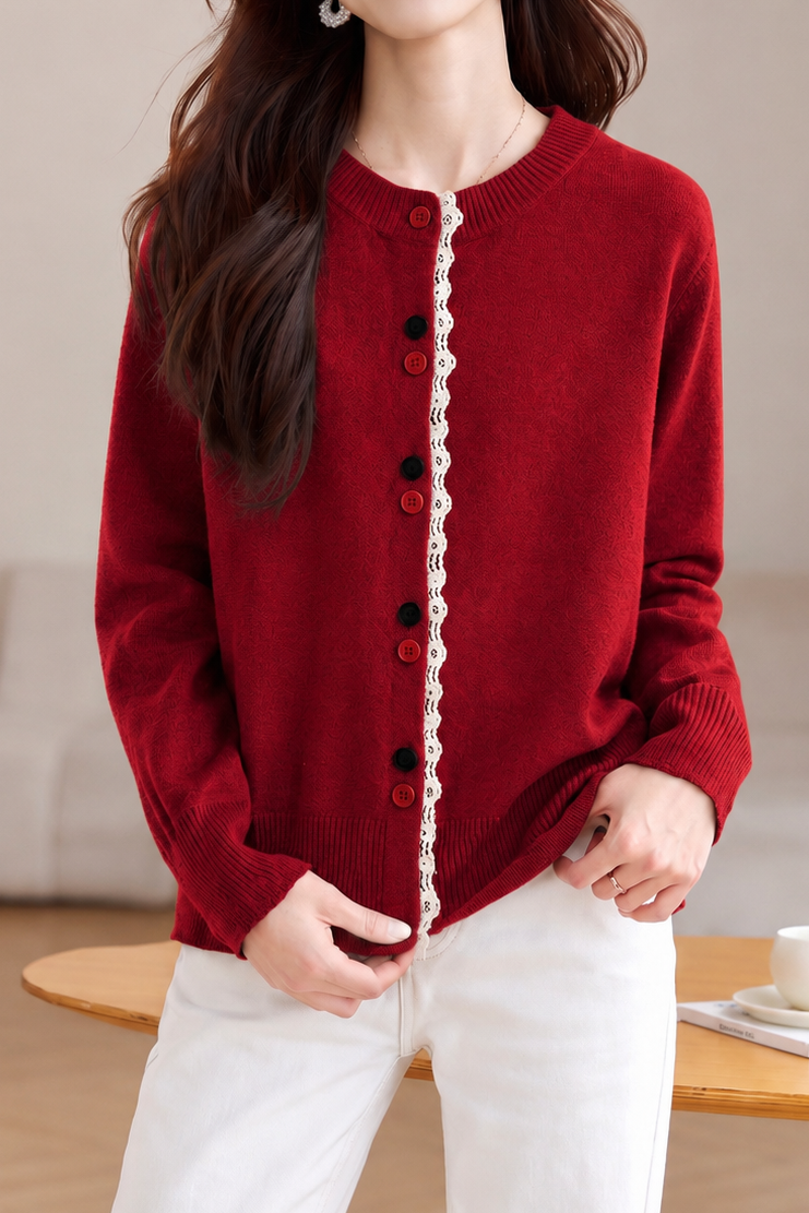 Comfortable Commuter Crew Neck Wavy Ruffle Contrast Button Long Sleeve Knit Cardigan