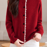 Comfortable Commuter Crew Neck Wavy Ruffle Contrast Button Long Sleeve Knit Cardigan