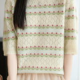 Exquisite Commuter Diamond Hollow Jacquard Crew Neck Elbow Sleeve Knit Top