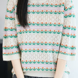 Exquisite Commuter Diamond Hollow Jacquard Crew Neck Elbow Sleeve Knit Top