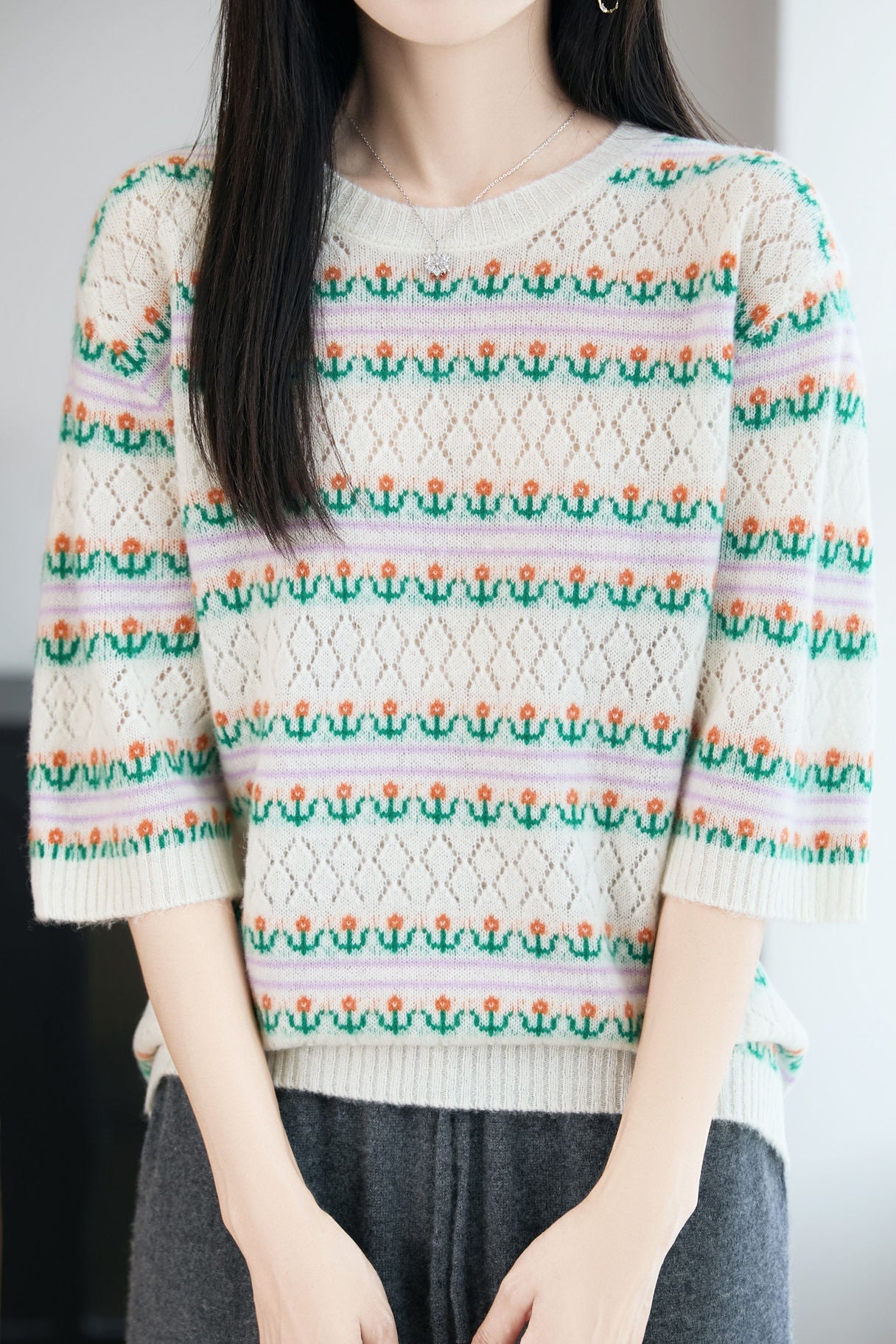 Exquisite Commuter Diamond Hollow Jacquard Crew Neck Elbow Sleeve Knit Top