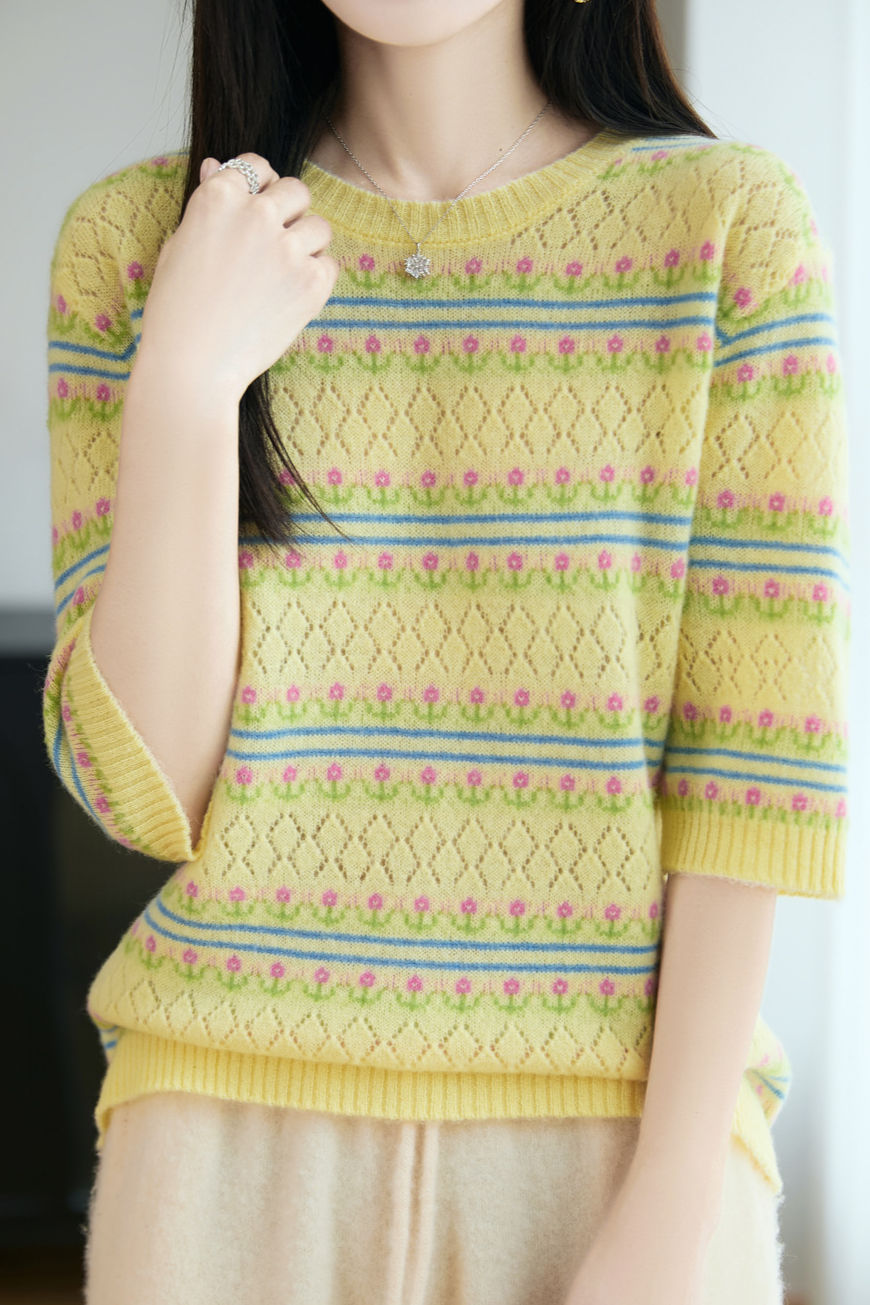 Exquisite Commuter Diamond Hollow Jacquard Crew Neck Elbow Sleeve Knit Top