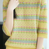 Exquisite Commuter Diamond Hollow Jacquard Crew Neck Elbow Sleeve Knit Top