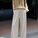 Casual Elegant Two-Piece Set: V-Neck Beaded Hollow Knit Top & Striped Drawstring Wide-Leg Pants