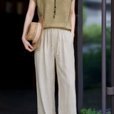 Casual Elegant Two-Piece Set: V-Neck Beaded Hollow Knit Top & Striped Drawstring Wide-Leg Pants