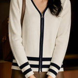 Casual Contrast Stripe Double-Zipper Cardigan