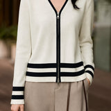 Casual Contrast Stripe Double-Zipper Cardigan