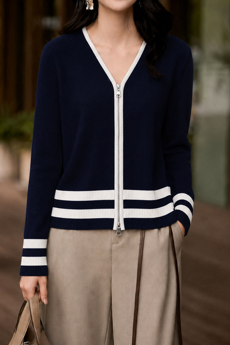 Casual Contrast Stripe Double-Zipper Cardigan