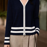 Casual Contrast Stripe Double-Zipper Cardigan