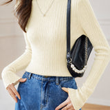 Elegant Ruffled Vertical Stripe Mock Neck Knit Top