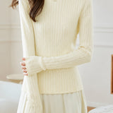 Elegant Ruffled Vertical Stripe Mock Neck Knit Top