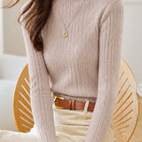 Elegant Ruffled Vertical Stripe Mock Neck Knit Top