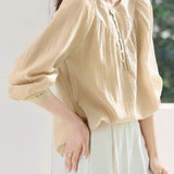 French Elegant Crew Neck Single-Breasted Long Sleeve Blouse