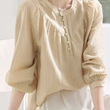 French Elegant Crew Neck Single-Breasted Long Sleeve Blouse
