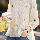 Elegant Commuter Crew Neck Floral Embroidered Long Sleeve Blouse