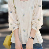 Elegant Commuter Crew Neck Floral Embroidered Long Sleeve Blouse