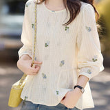 Elegant Commuter Crew Neck Floral Embroidered Long Sleeve Blouse