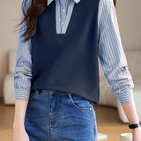 Elegant Commuter Lapel Stripe Fake Two-Piece Long Sleeve Blouse
