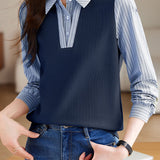 Elegant Commuter Lapel Stripe Fake Two-Piece Long Sleeve Blouse