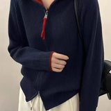 Gentle Commuter Color-Block Mock Neck Zip Knit Cardigan