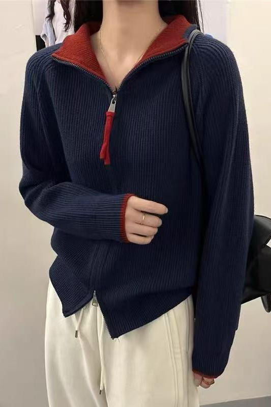 Gentle Commuter Color-Block Mock Neck Zip Knit Cardigan
