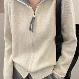 Gentle Commuter Color-Block Mock Neck Zip Knit Cardigan